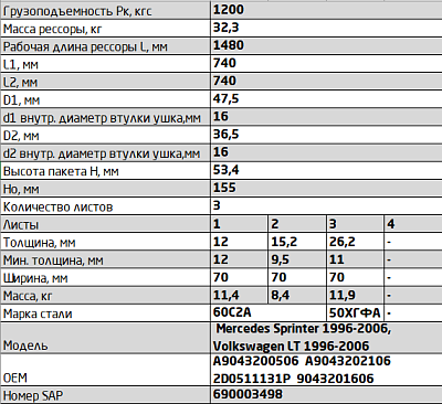 Рессора задняя для Mercedes-Benz Sprinter 408-416, Volkswagen LT 3 листа