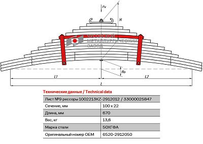 Лист №9 Рессора задняя для грузовиков производства ПАО КамАЗ 6520, 6522, 65221 13 листов