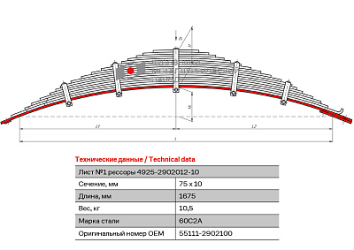 Лист №1 Рессора передняя для грузовиков производства ПАО КамАЗ 65115, 55111, 43118 15 листов
