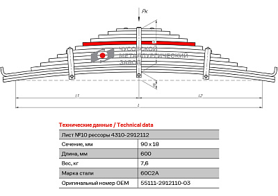 Лист №10 Рессора задняя для грузовиков производства ПАО КамАЗ 65115, 55111 14 листов