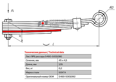 Лист №6 Рессора кабины для грузовиков производства ПАО КамАЗ 5460, 6460 7 листов