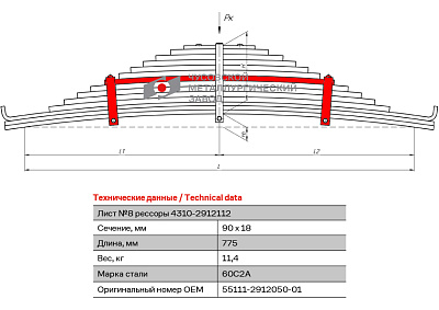 Лист №8 Рессора задняя для грузовиков производства ПАО КамАЗ 65115, 55111 14 листов
