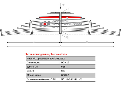 Лист №11 Рессора задняя для грузовиков производства ПАО КамАЗ 65115, 55111 14 листов
