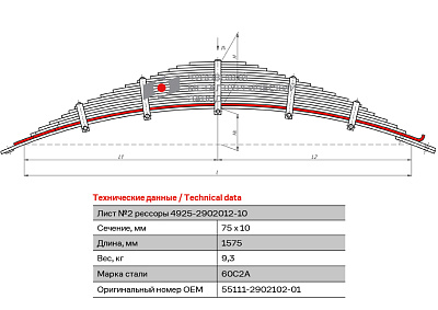 Лист №2 Рессора передняя для грузовиков производства ПАО КамАЗ 65115, 55111, 43118 15 листов