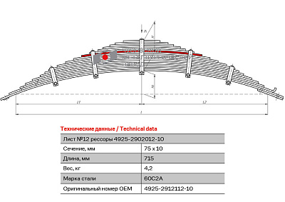 Лист №12 Рессора передняя для грузовиков производства ПАО КамАЗ 65115, 53229, 6540 18 листов