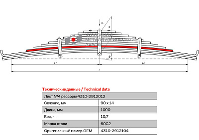 Лист №4 Рессора задняя для грузовиков производства ПАО КамАЗ 43114, 4350,  43261 12 листов